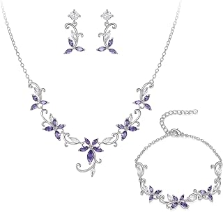 Crysdue Flower Leaf Wedding Jewelry Set for Bridal Bridemaid, Cubic Zirconia Teardrop Elegant Silver/14K/Rose Gold Plated Vine Necklace Dangle Earrings for Prom Party