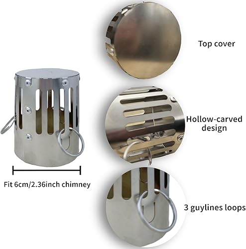 Miniatura 3 de DANCHEL OUTDOOR Pararrayos de chispas para tienda de campaña, estufa de leña, tapa de lluvia, tubo de 2.36 pulgadas2.4 in (acero inoxidable)