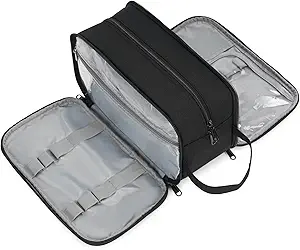 Narwey Travel Toiletry Bag with Brush Compartments for Men and Women, Traveling Dopp Kit, Shaving Bag, Portable Cosmetic Bag, Make up bag with Brush Storage for Women (Black)