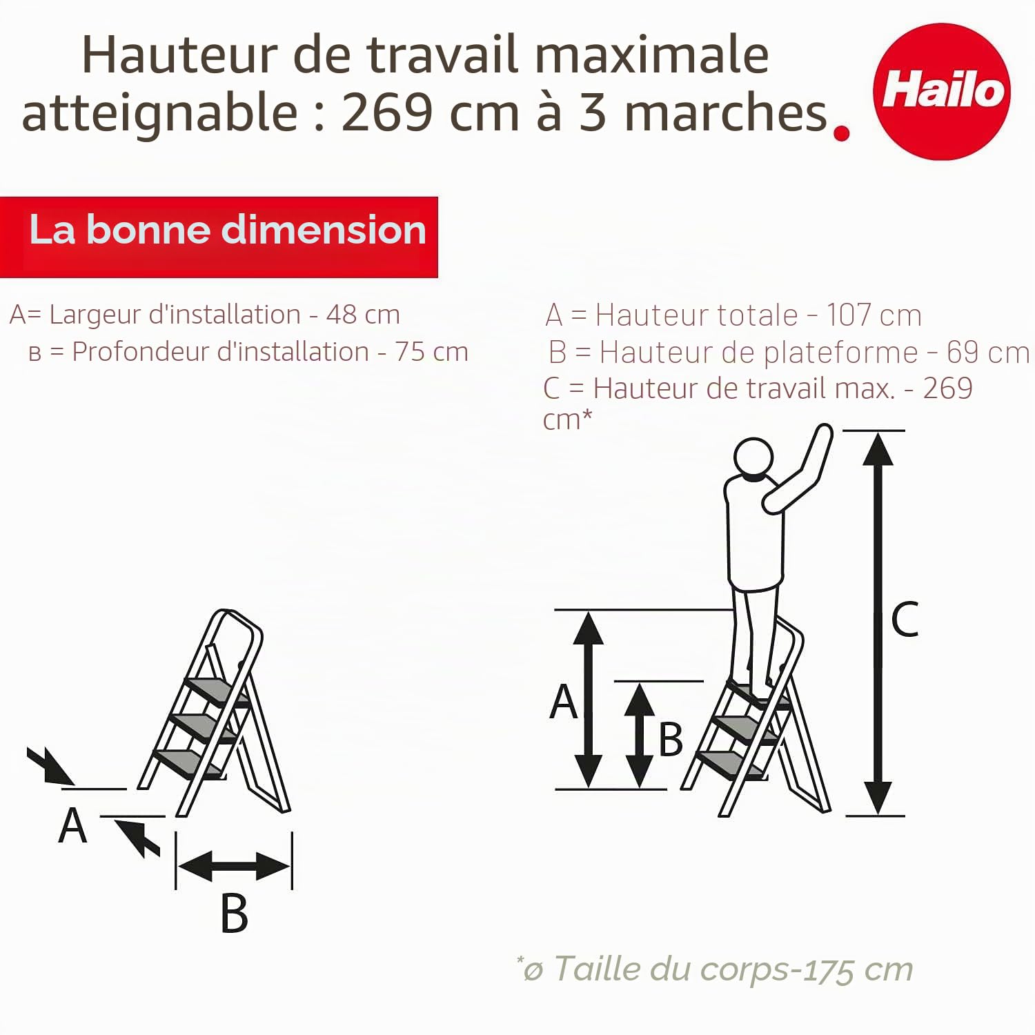 Marche Pied 3 marches Pliable antidérapant en Acier Hailo K20