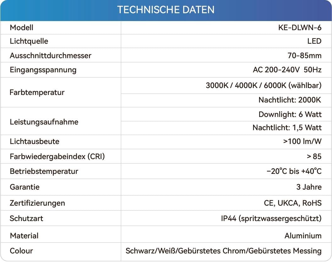 KEELED Einbaustrahler LED mit Nachtlicht, LED Spots 230v, 6W, 3000K/4000K/6000K Wählbar, Schnittloch 70-85mm, IP44, Gehäuse aus Aluminiumdruckguss, 8er Set