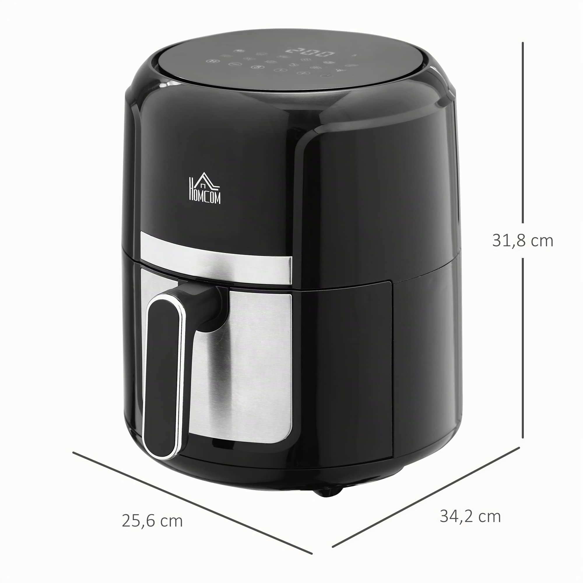 HOMCOM Freidora sin Aceite 4L Freidora de Aire Caliente 1300W con 12 Programas Pantalla LED Táctil Temperatura Ajustable Temporizador y Cesta Antiadherente Negro