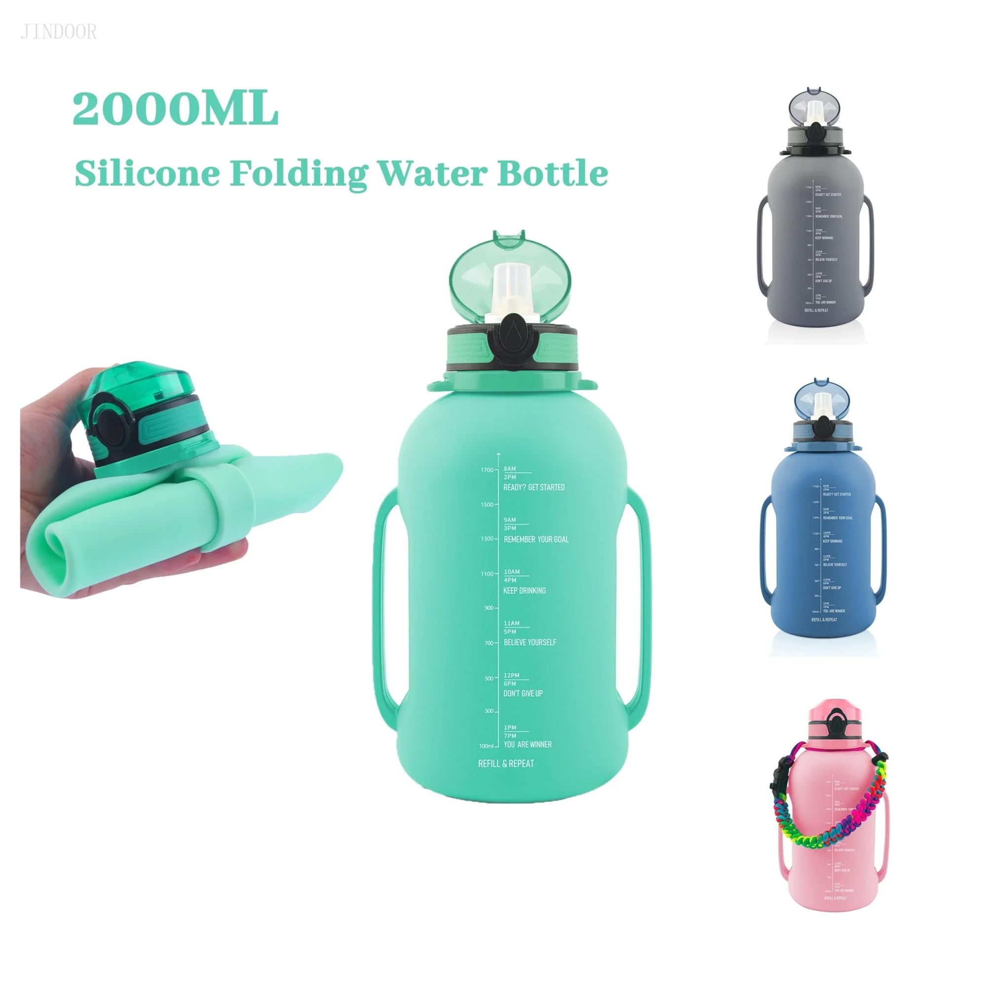 Outdoor-Sport-Wasserflasche mit Deckel und Strohhalm Home 2L Silikon Faltbare Wasserflasche Kreativer tragbarer Fitness-Reisebecher Faltbare Reisetasse(Grey)