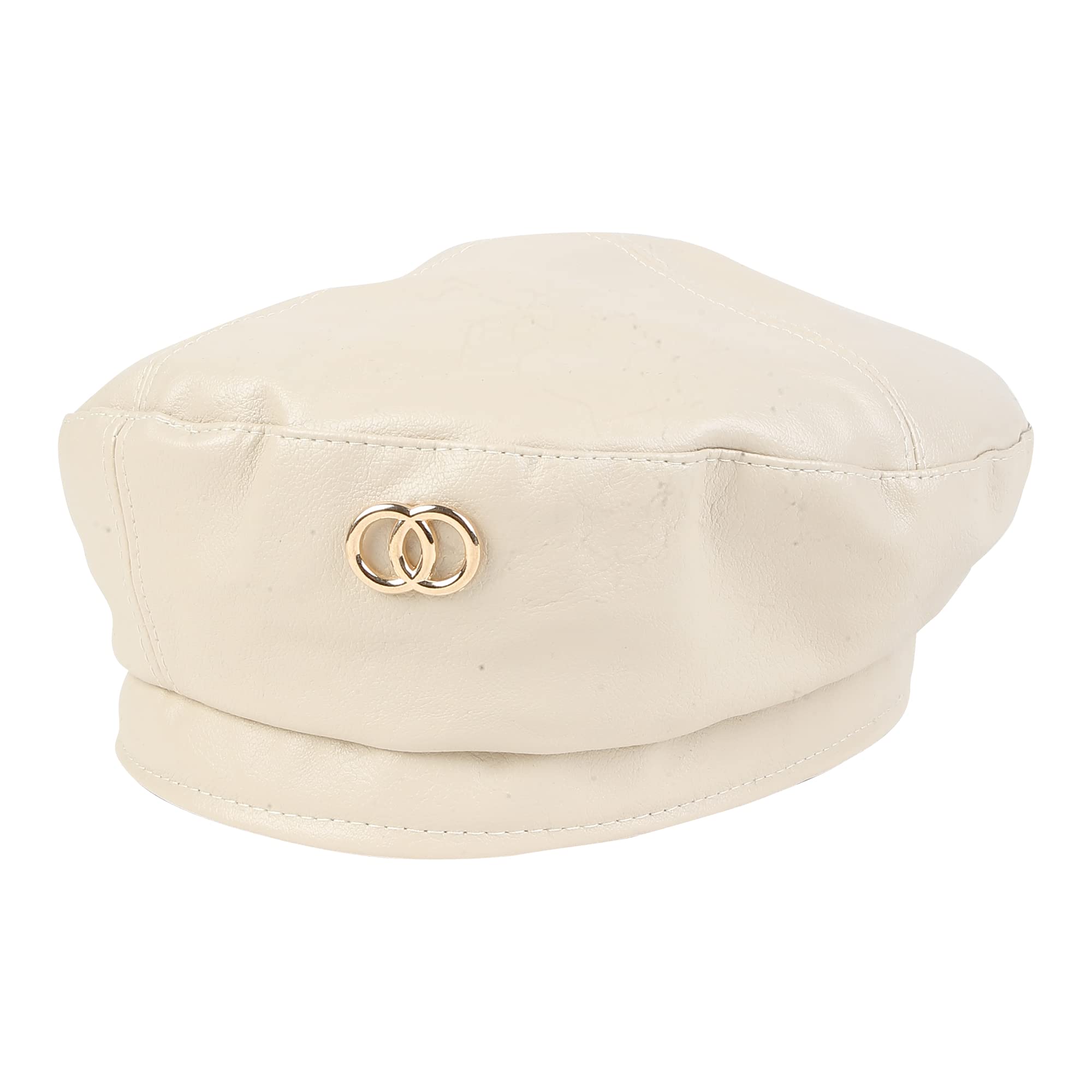 iSWEVEN French Beret Cap All Season Unisex Artist Newsboy Hats, Ascot PU Leather British Style Adjustable Women's Caps, WBC8113B (Cream, Free Size) - Image 6 thumbnail