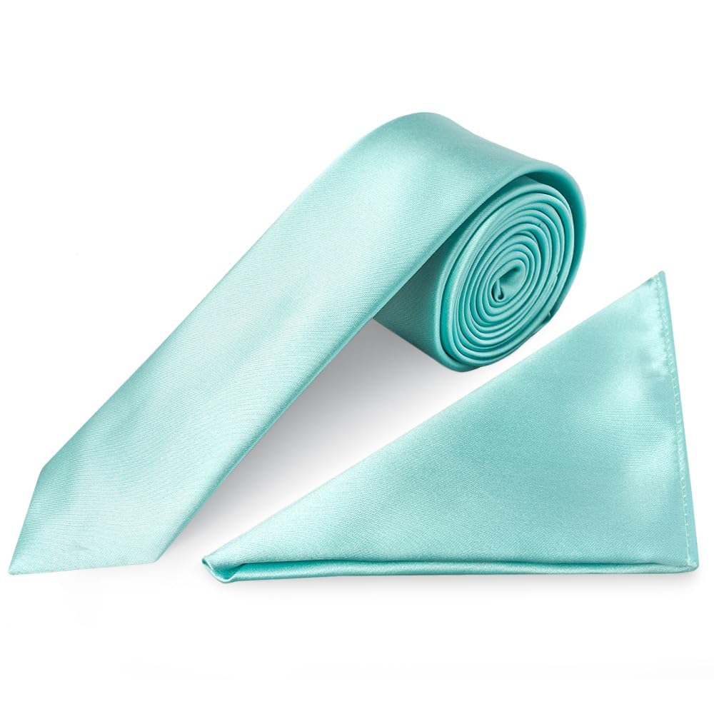 Ties R Us Men's Green Aqua Satin Skinny Tie And Pocket Square Set