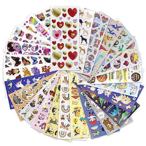 VKPI 500+ Piece Kids Stickers Mix - Common, Holographic, Glitter Foil, 3D Puffy, Various Themes, Fun Craft Stickers for Scrapbooks, Rewards, Gift