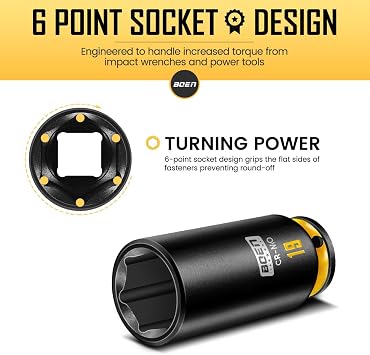 BOEN Pro 3/8 Drive Impact Socket Set, 43-Piece SAE(5/16-3/4) & Metric(8-19mm) set, 6-Point Deep & Shallow Kit with Deep Embossed and Painted Marking, CR-MO, Includes Extension Bar, Universal Joint