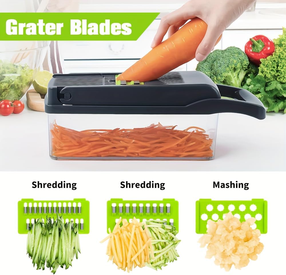 14 in 1 Vegetable Chopper Dicer, Onion Chopper with 8 Stainless Steel Blades, Adjustable Slicer, Green