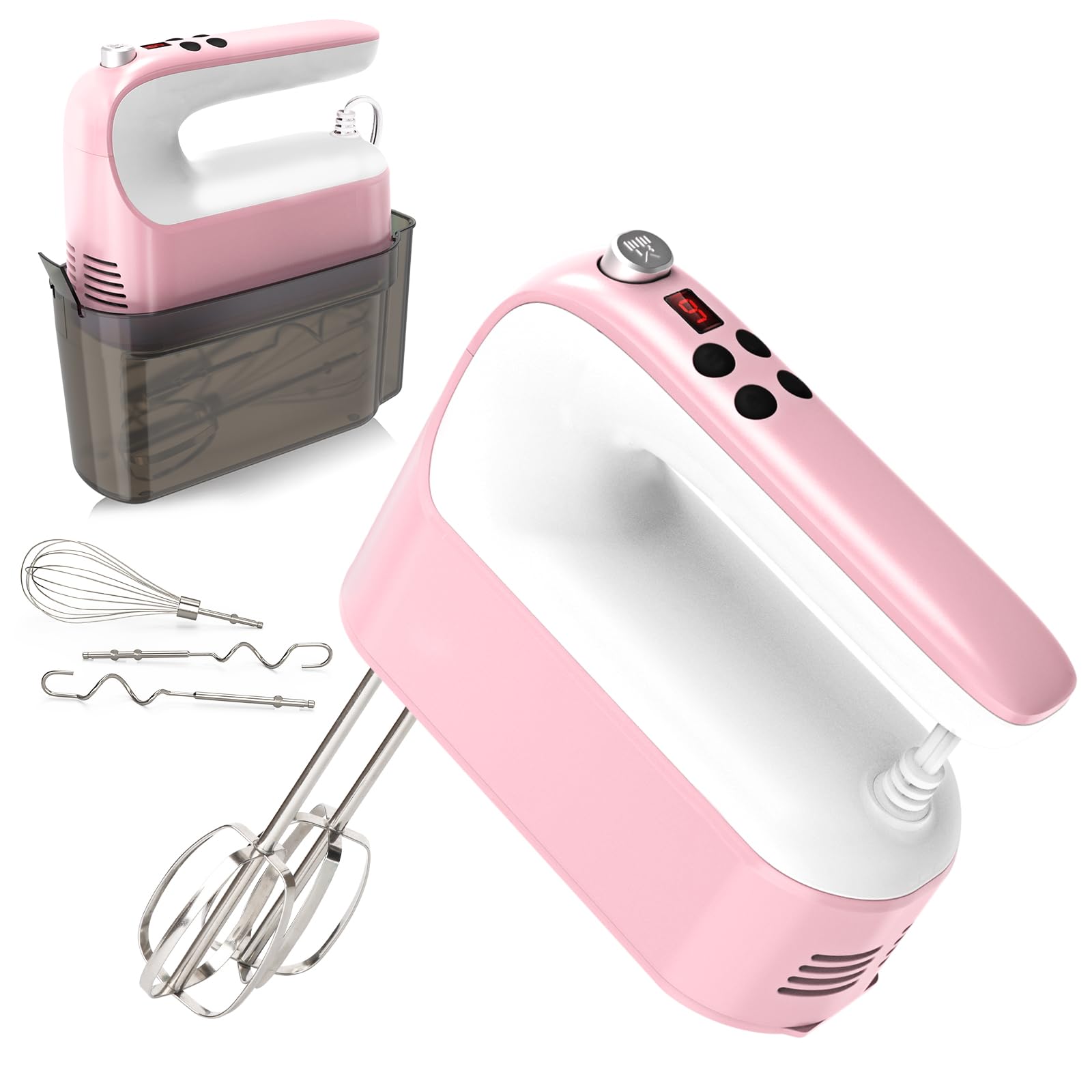 9-Speed Digital Hand Mixer Electric, 400W DC Motor, Hand Mixer electric Handheld with Snap-On Storage Case, Touch Button, Turbo Boost, 5x Stainless Steel Accessories (Pink)