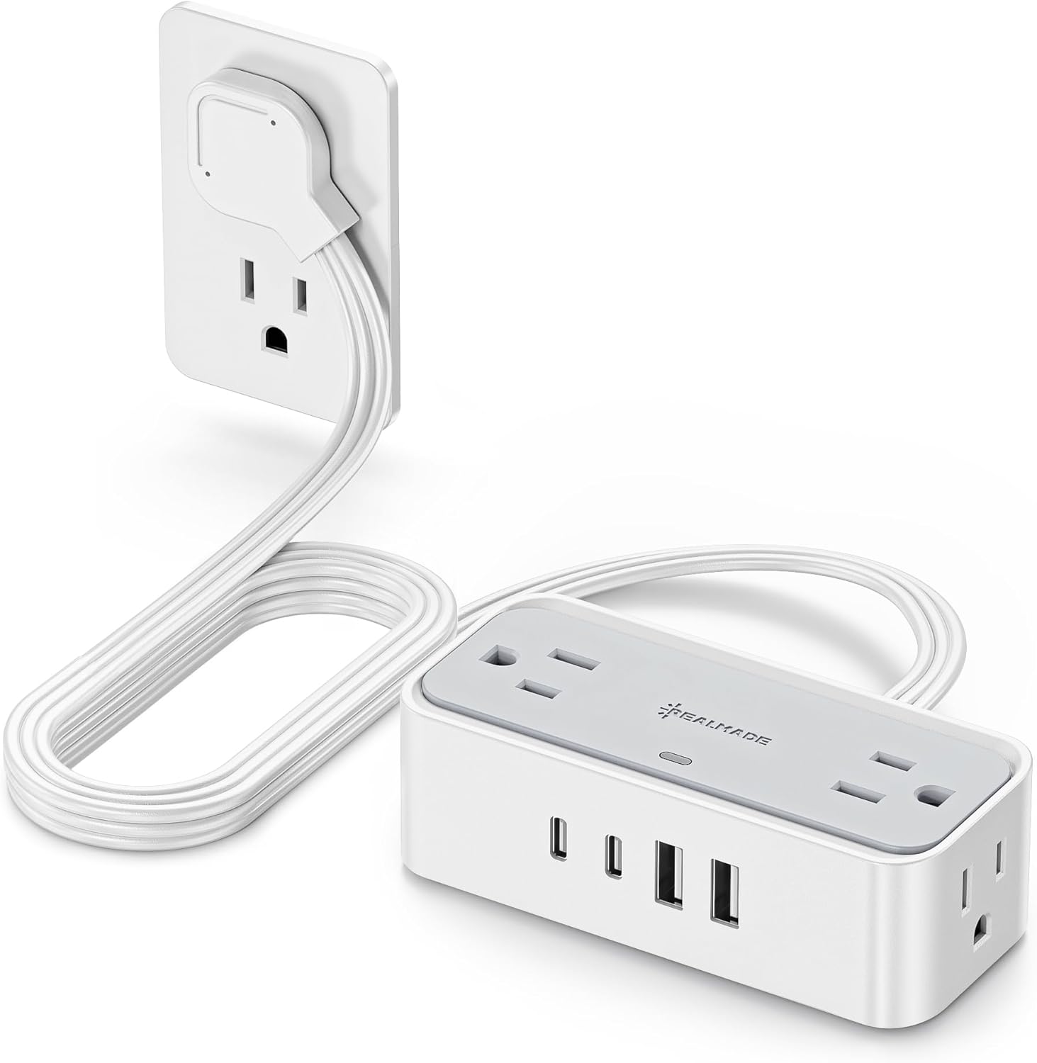 Surge Protector Power Strip, REALMADE 4 AC 4 USB Power Strip, Flat Plug Outlet Extender, 5Ft Extension Cord, Wall Mount Desk Charging for Home Office， White & Gray