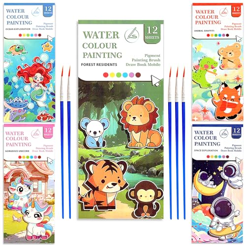 Image of GLUN Watercolour Painting Notepad for Kids, 5 Different Themes Each Pad 12 Different Pages, Water Painting Notepad with Water Colour Patches & Painting Brush