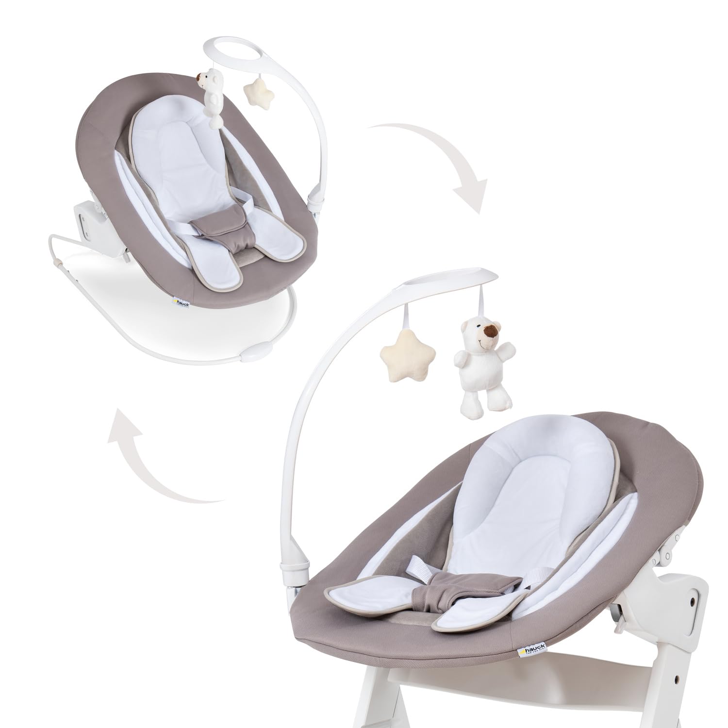 hauck Transat Bebe Éveil et Réducteur 2en1 Deluxe, Inclus Arche de Jeux et Structure à Bascule, Compatible Chaise Haute Bébé Alpha+ et Beta+, dès Naissance jusqu’à 9 kg, Harnais 3 Points, Sand Beige