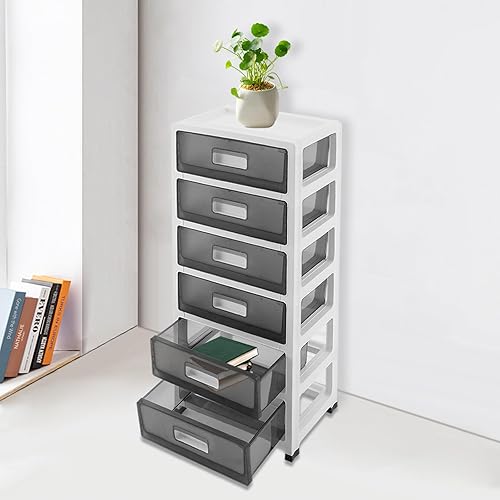 Miniatura 4 de Organizador de escritorio de 6 cajones con bandeja superior, organizador de cajones de plástico, carrito de almacenamiento rodante, cajas de