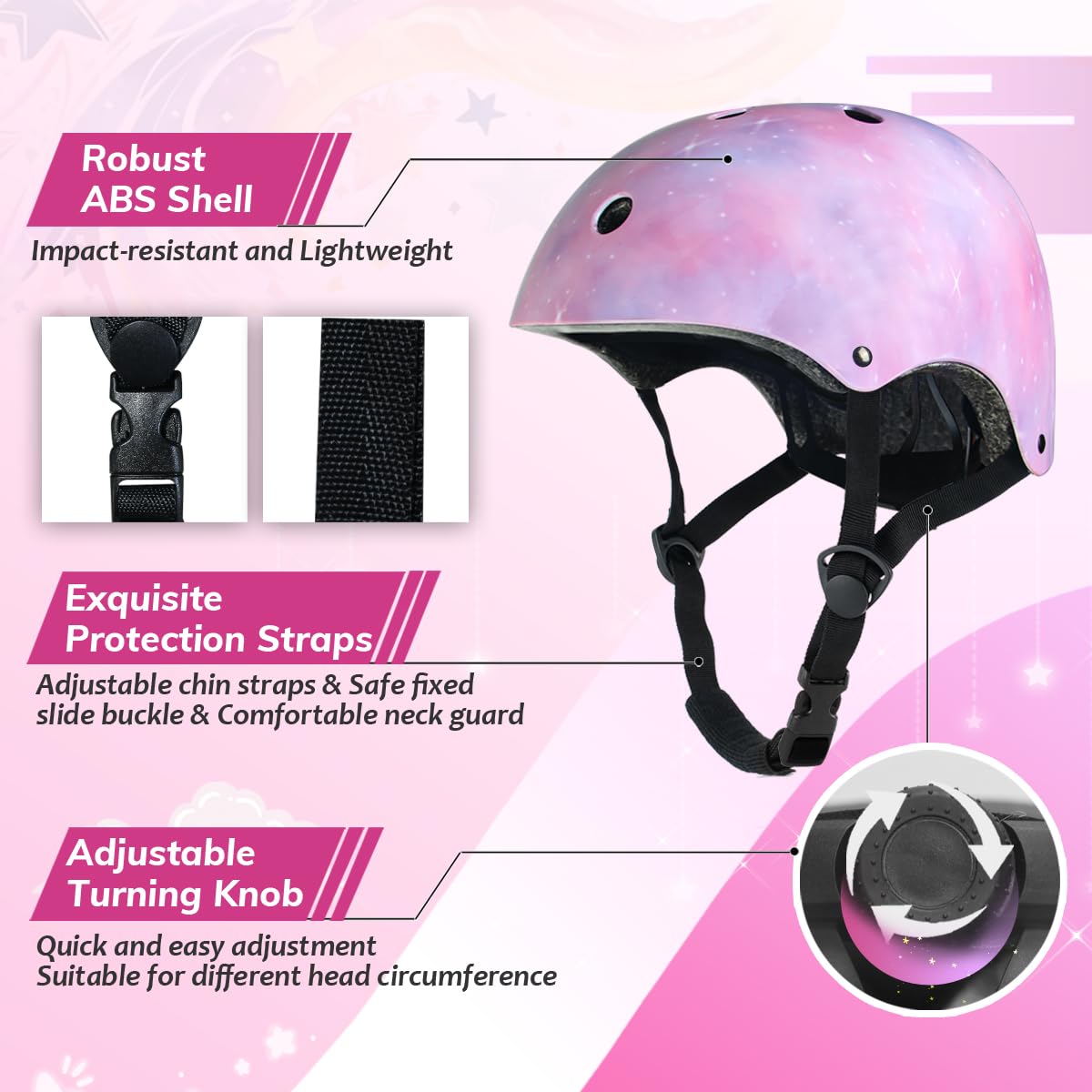 Casco de bicicleta para niños y jóvenes, con certificado CPSC, cascos de protección ajustables de color rosa estrellado para múltiples deportes, ciclismo, patinaje, patinaje (talla M) 3