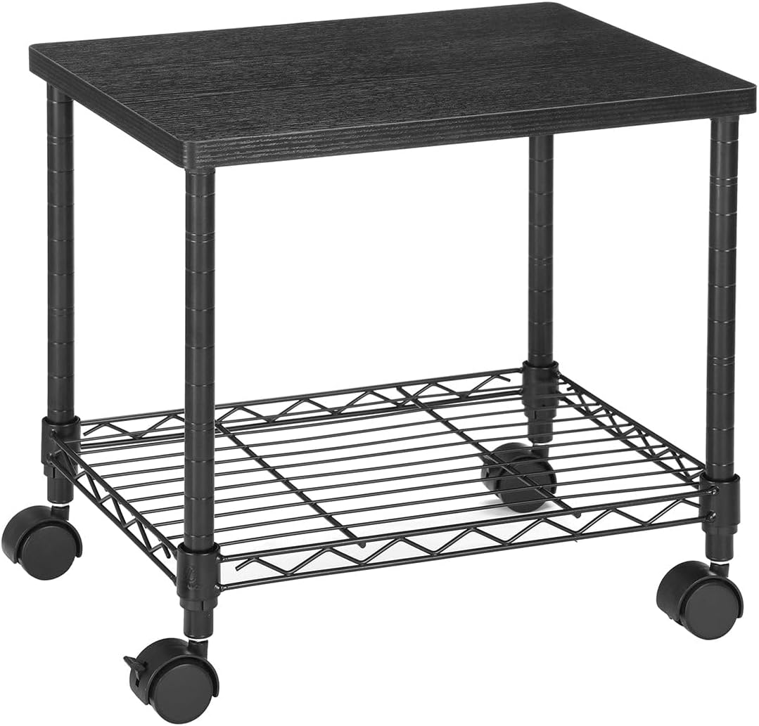 SONGMICS Printer Stand, 2-Tier Under-Desk Printer Cart with Storage, Metal Frame, Fax Stand on Wheels, Black ULGR31BK