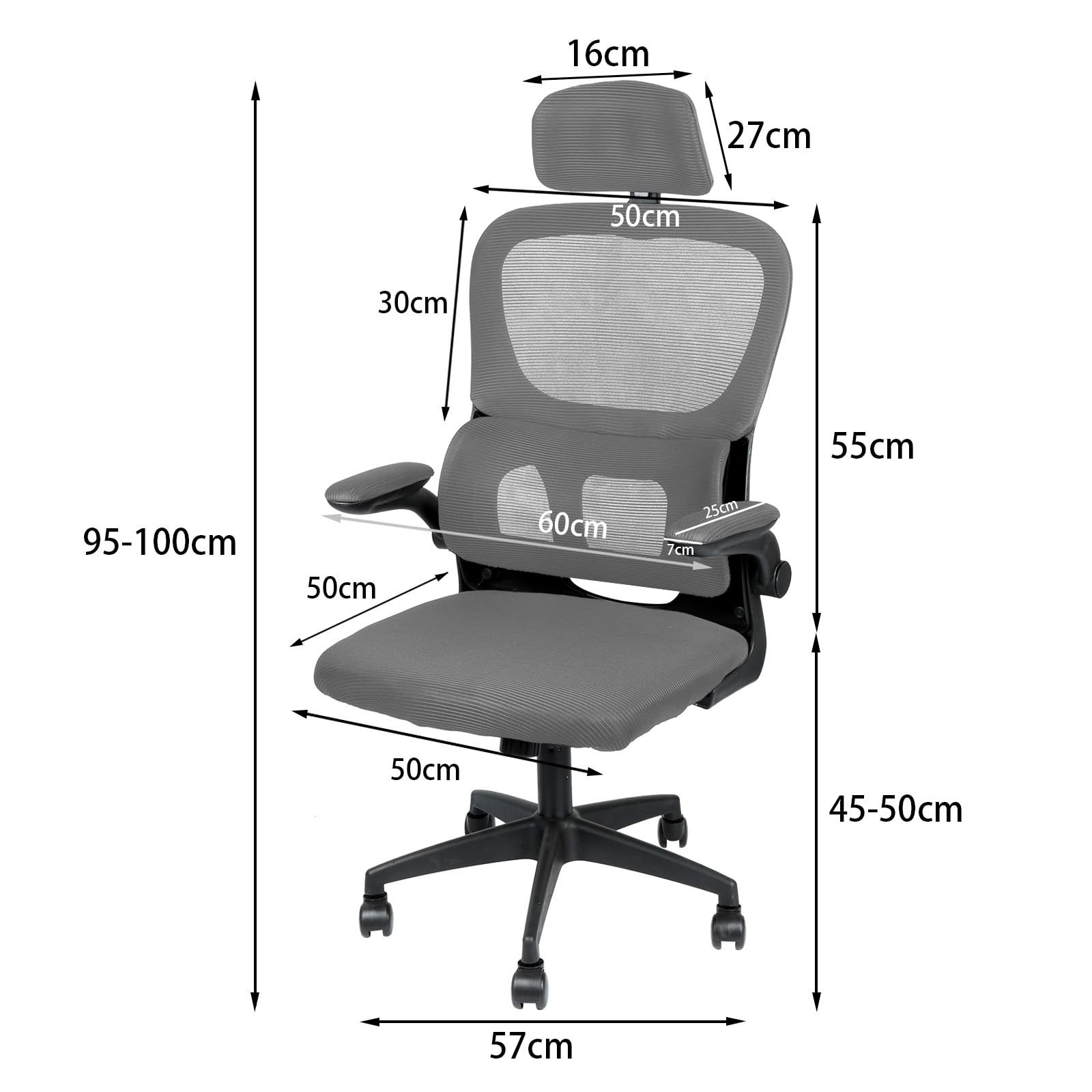 Bürostuhl Ergonomisch Schreibtischstuhl mit Klappbaren Armlehnen, Mesh Drehstuhl mit Dynamischer Lordosenstütze & 115° Wippfunktion, Verstellbare Kopfstütze für Home Office,Grau