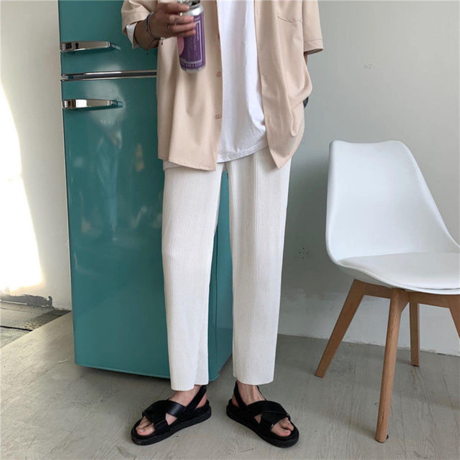 Yujun Pleated Straight Pants Men's Fashion Elastic Waist Casual Pants Men Streetwear Loose Ice Silk Trousers Mens Wide Leg Pants