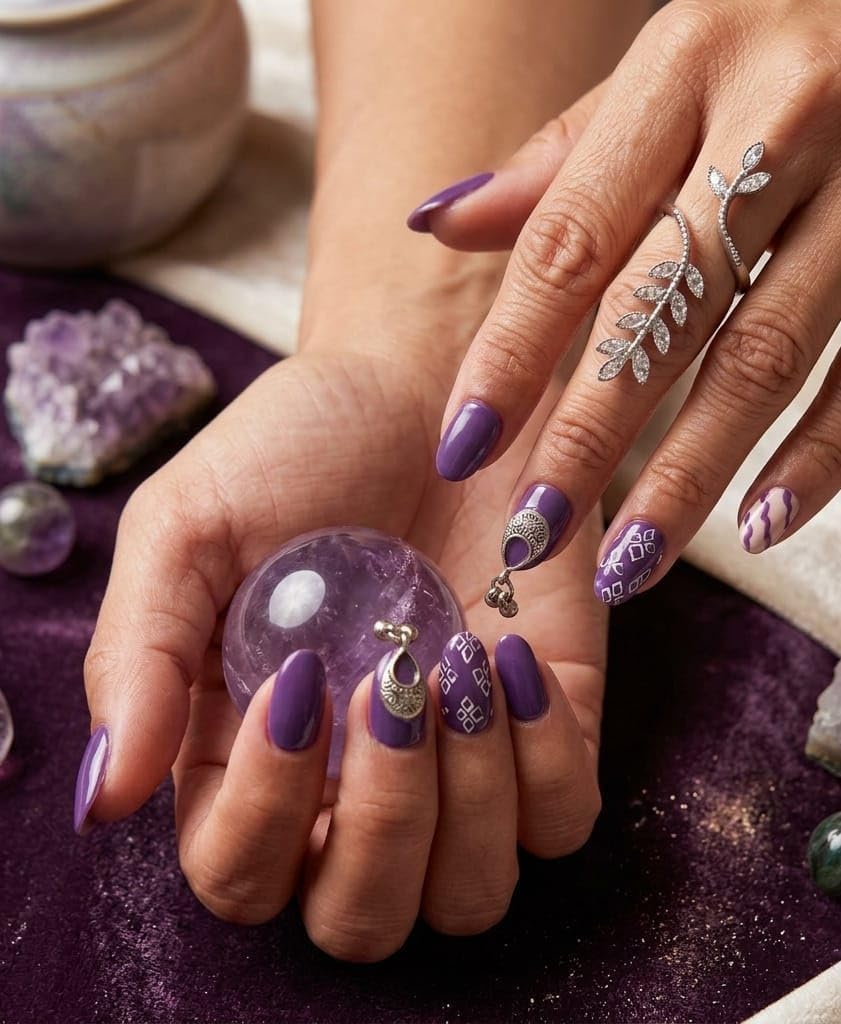 Purple Press On Nails with Silver Charm Design Medium Oval Glossy False Nails Reusable Full Cover Artificial Nail Set-image-2