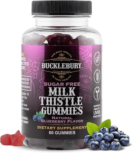 Bucklebury Gomitas de cardo mariano sin azúcar, 1000 mg con sabor natural a arándanos, veganas, sin gluten, sin OMG, suplemento de cardo mariano