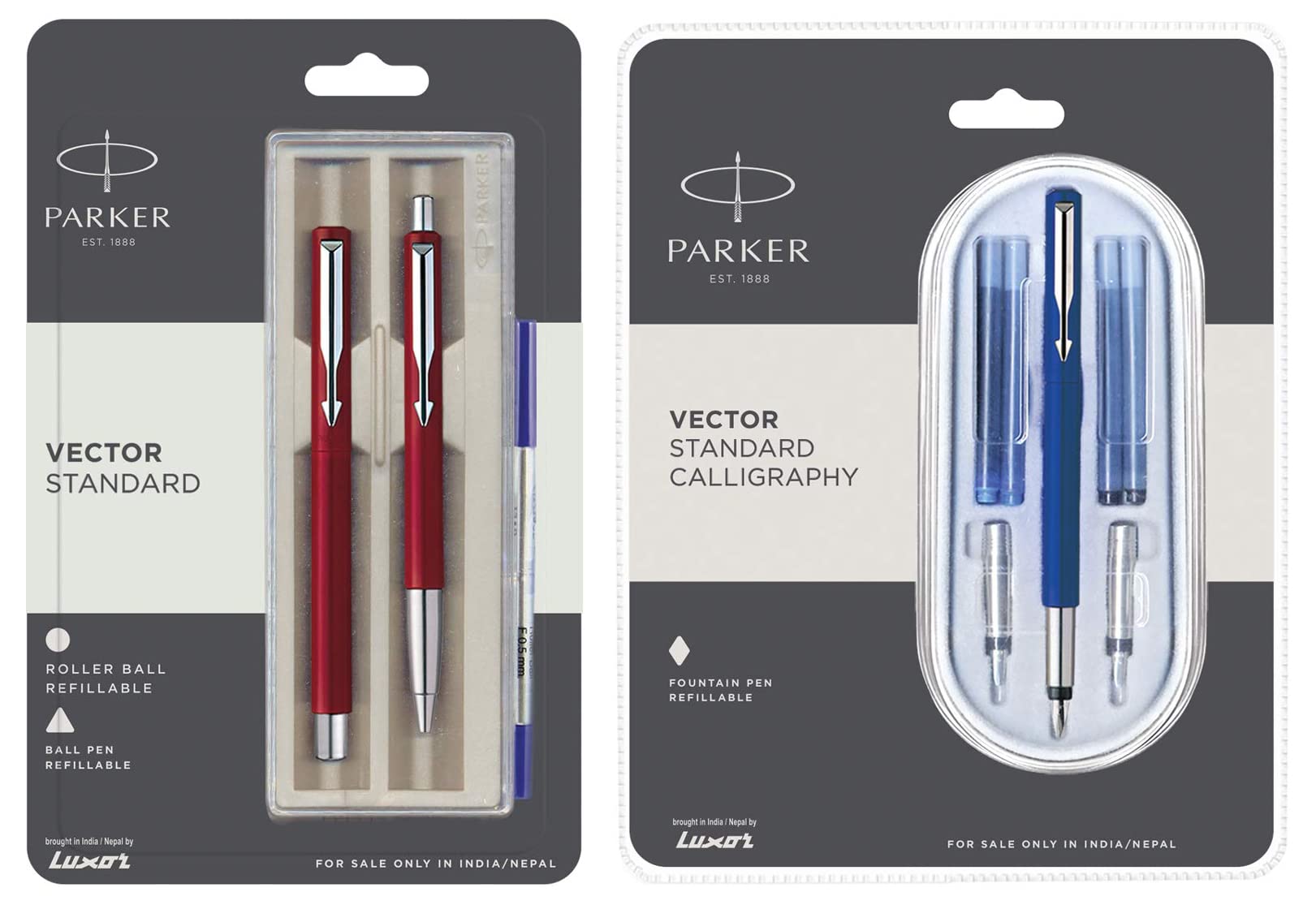 Parker Roller Ball Pen and Ball Pen - Red Body Calligraphy CT Fountain Pen (Blue)