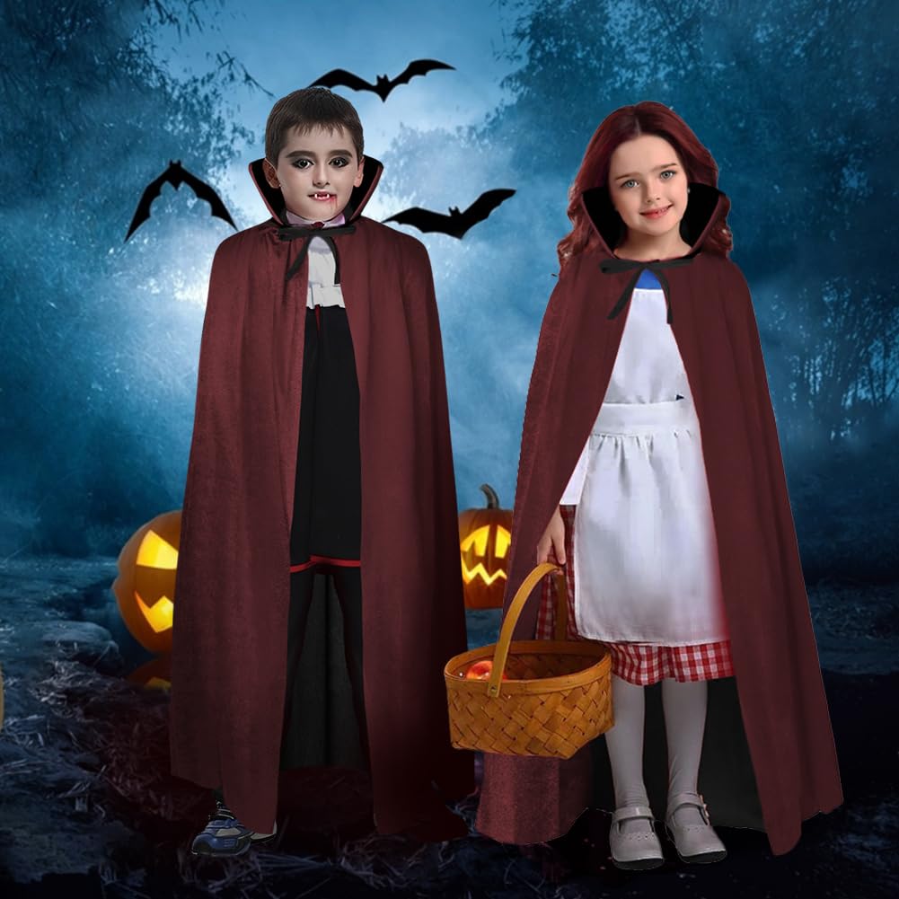 AOOWU Mantello Vampiro Bambini, Mantello Reversibile Mantello Rosso Nero di Halloween, Vampiro Collo Alto Mantello Unisex per Carnevale, Cosplay Travestimento, 90cm