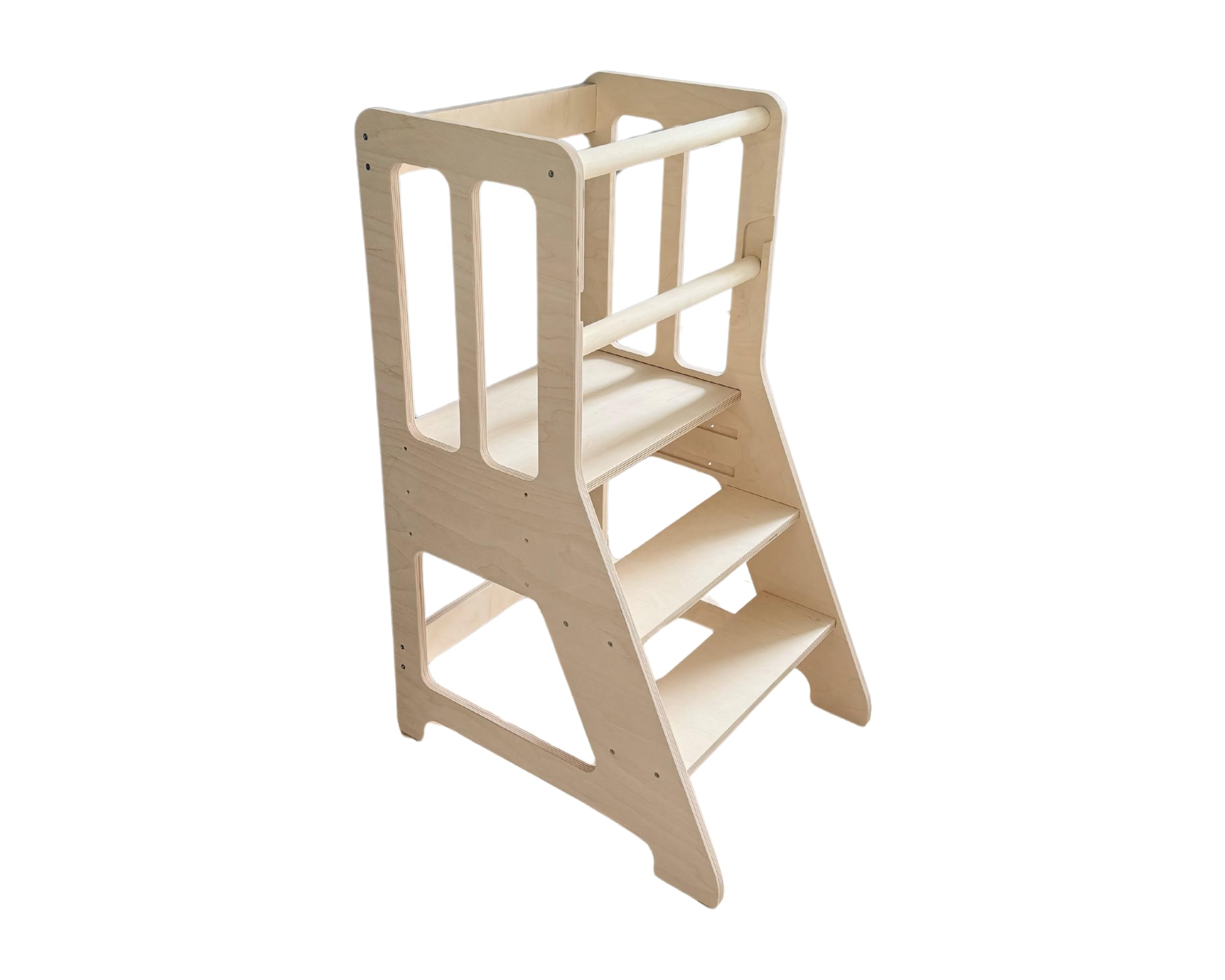Montessori - Torre de aprendizaje para niños pequeños, taburete de cocina ajustable de 3 niveles, madera contrachapada de abedul báltico, no tóxica, barra de seguridad extraíble, torre