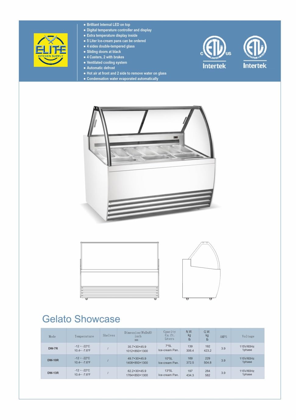 Commercial Gelato Showcase Freezer, ETL Ice cream Display Dipping Cabinet, 49