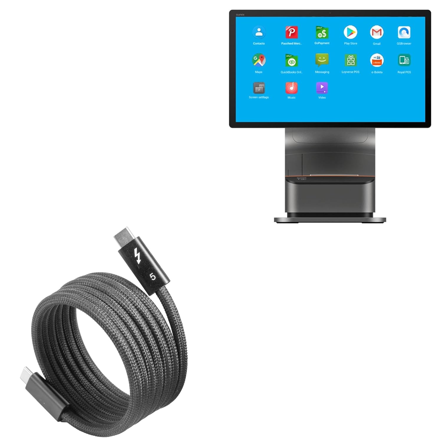 BoxWave Cable Compatible with Sunmi T3 Pro Max Dual Display (15.6 in) - SnapWrap Thunderbolt 5.0 Cable (5ft 240W), Magnetic Self-Coiling Nylon Braided Retractable - Jet Black