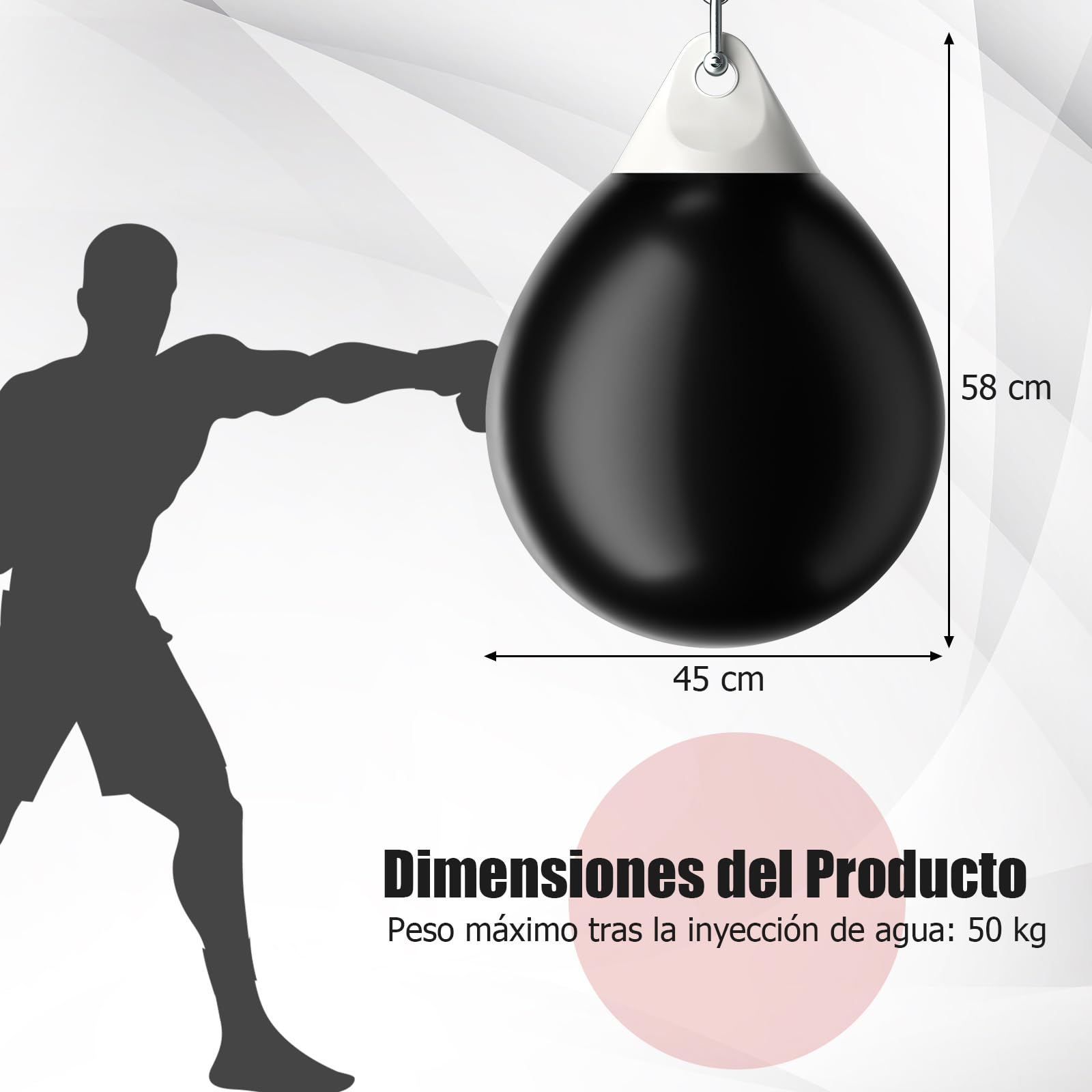 GYMAX Saco de Boxeo de Agua 45 cm 50 kg Cadena Metálica Ajustable
