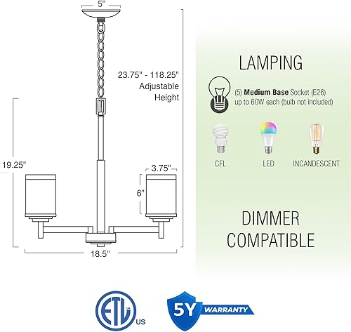 Miniatura 4 de Kira Home Windsor - Candelabro moderno y contemporáneo de 5 luces de 19 pulgadas + cortinas de vidrio de lino blanco esmerilado, acabado de níquel