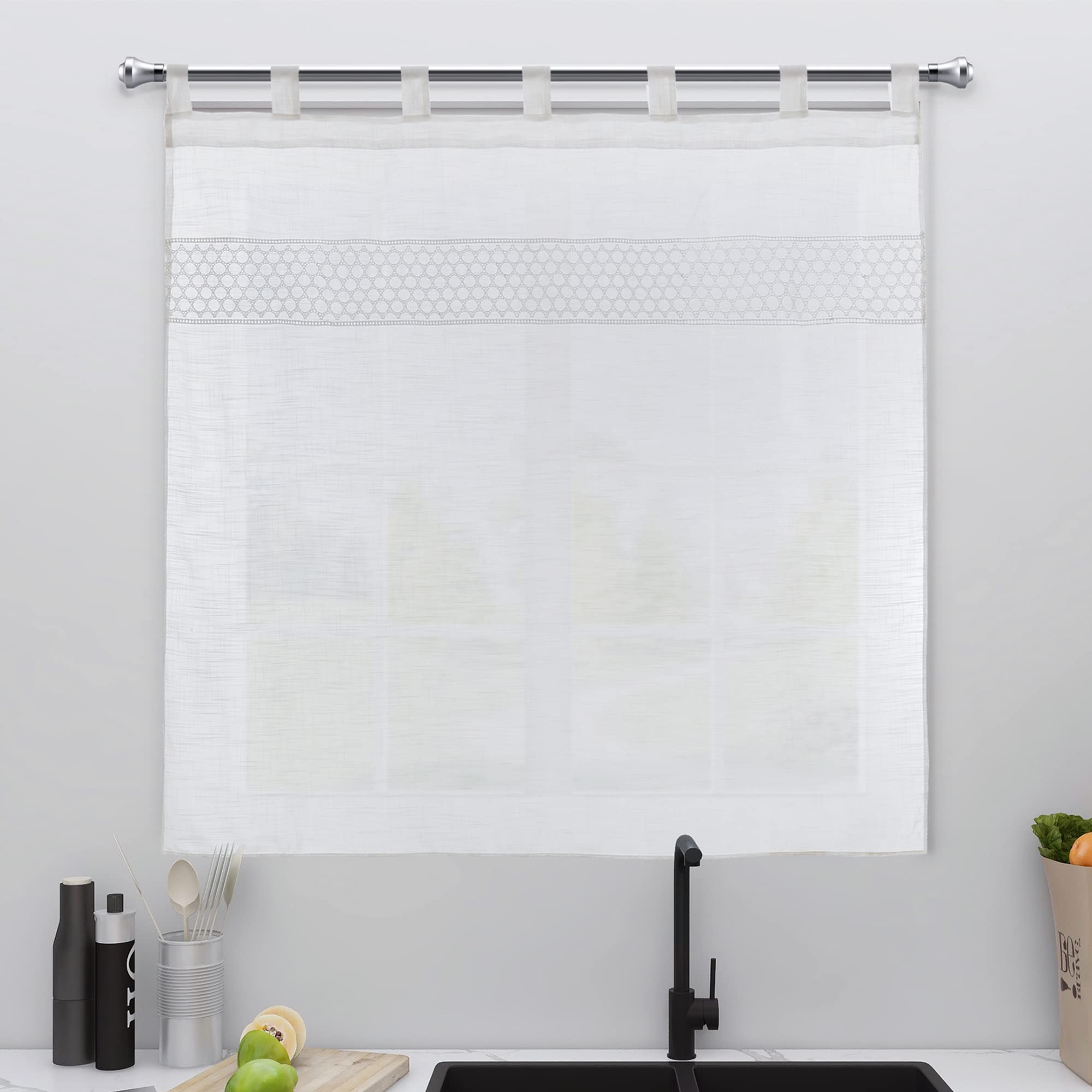 Dalina Textil - Cortina de Cocina Translúcido con Bordado, Visillo Transparente para Cocina, Comedor, Marco de Puerta 1 Pieza Tejido Gasa Fina con Bordaje Blanco 140x140cm