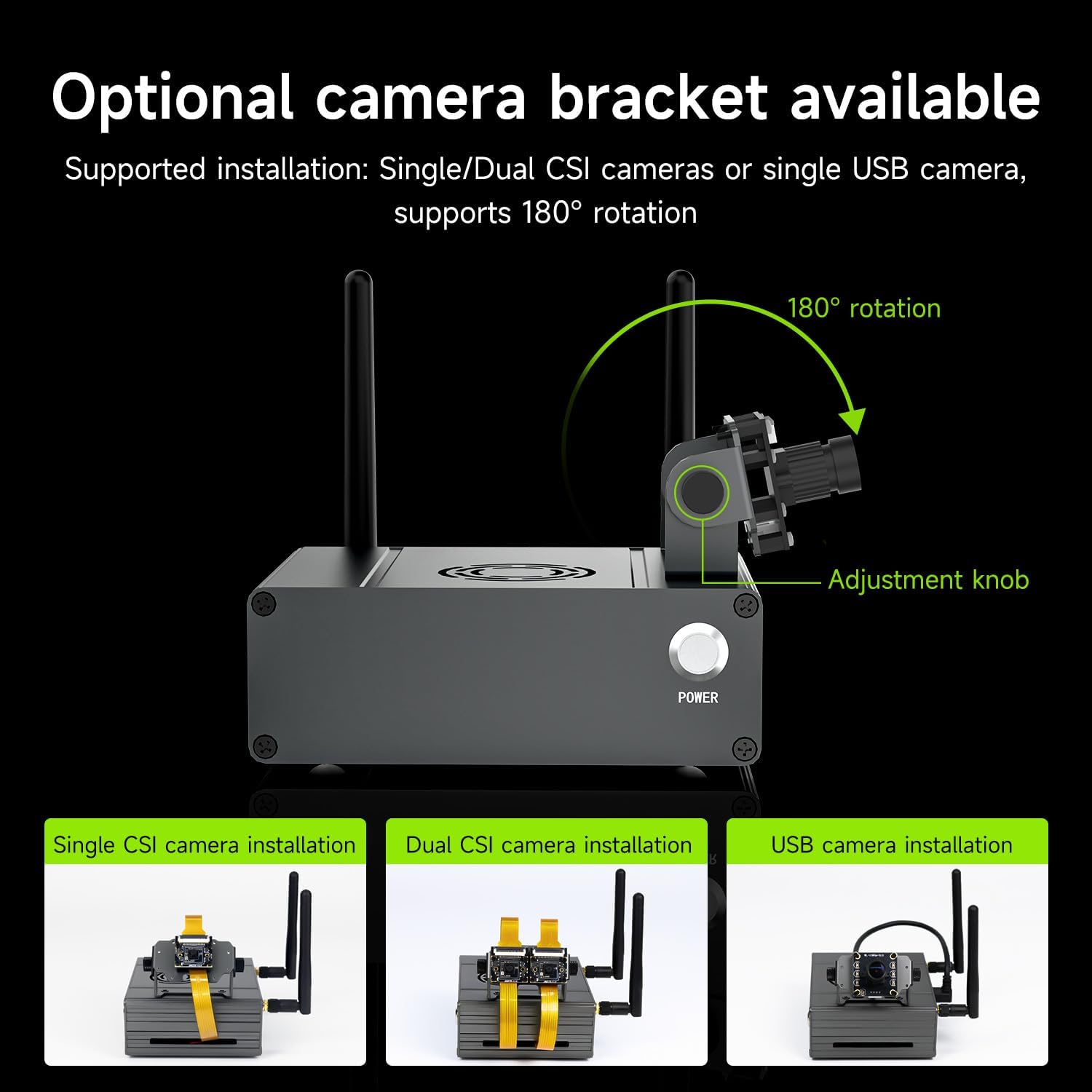 Close-up of the Yahboom Aluminum Alloy Case showing the optional camera bracket with an adjustment knob for 180-degree rotation.