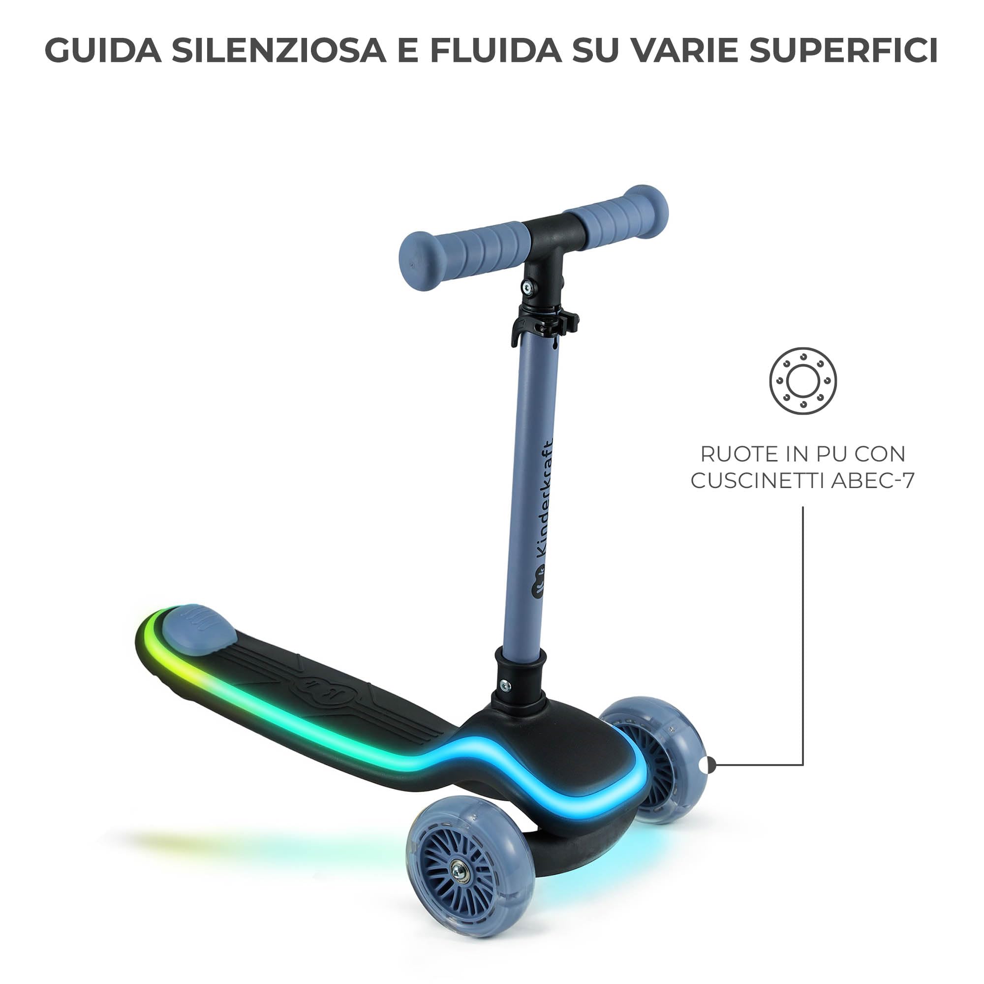 Kinderkraft RAKET Monopattino Bambini 2+ Anni a 3 Ruote con Luci LED RGB – Leggero e Pieghevole, Manubrio Regolabile, Sistema di Equilibrio, Freno Sicuro, Blu