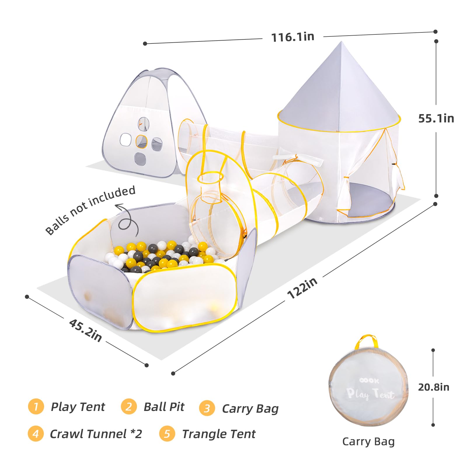 OOOK 5 PCS Play Tent with Tunnel and Ball Pit for Kids, Foldable Pop Up Tents Kids, Indoor & Outdoor Playground with Crawling Toys - Image 7