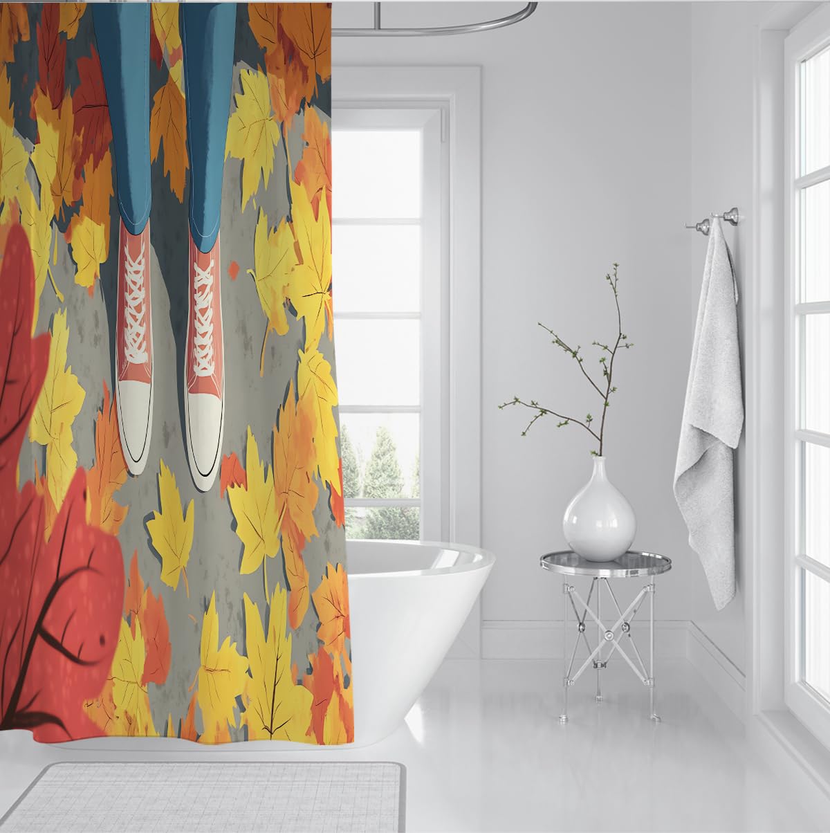 Herbstspuren Badevorhang Orangefarbene gelbe Blätter Gehschuh-Muster Duschvorhang Verspielte Illustration Badewannenvorhang zur Badezimmerdekoration 200 x 240 cm