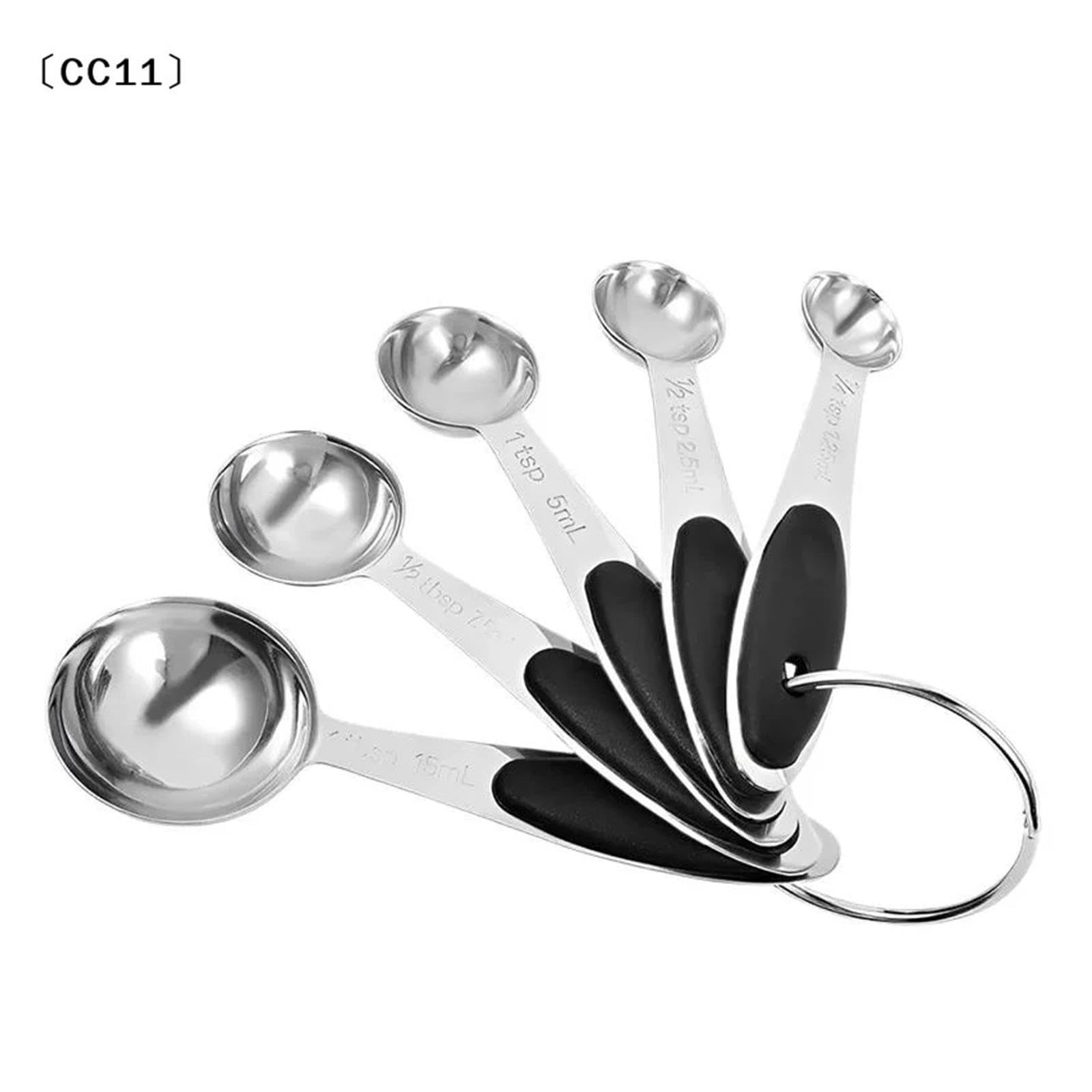 Juego de 5 tazas medidoras de acero inoxidable, cocina y repostería | Apto para lavavajillas, forma redonda para frascos de especias, mangos grabados, se cuelga con aro(Grey)