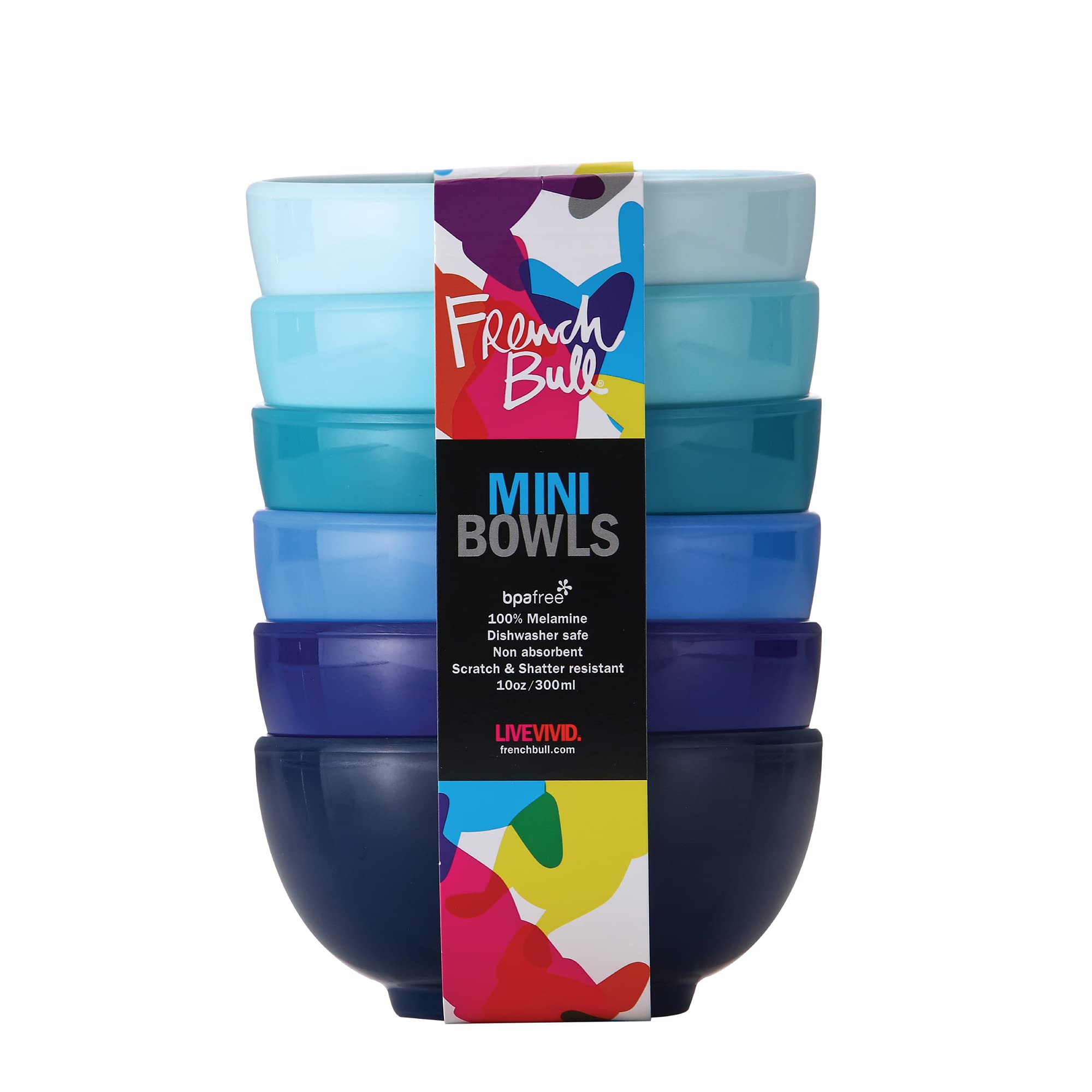 French Bull Mini cuencos de melamina para aperitivos, guarniciones, postres, salsas o helados, juego surtido colorido de 6 a 10 onzas, cuencos de 4 pulgadas, tonos de azul