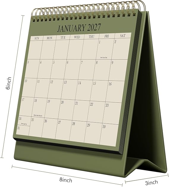 Desk Calendar 2026-2027 - Runs August 2026 until December 2027 - Beautiful Small Flip Desktop Calendar for Easy Organizing, 6 x 8, Green