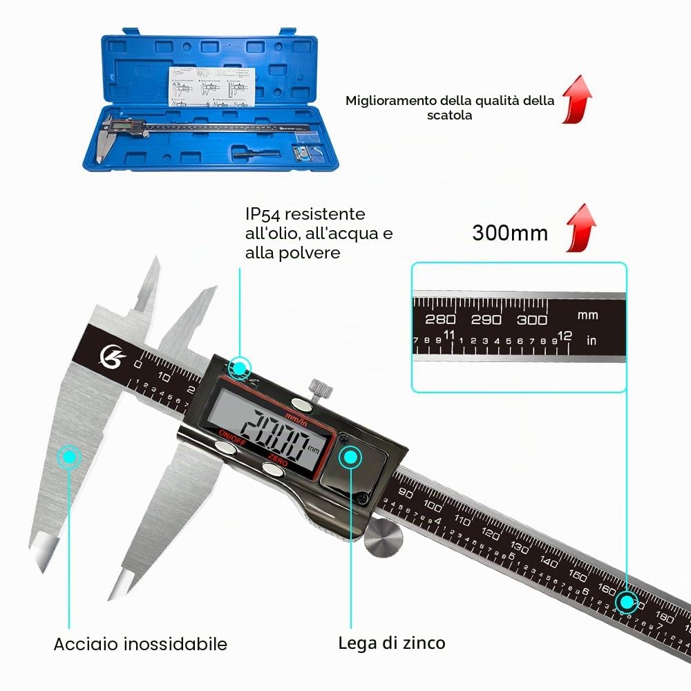 KETOTEK Calibro Digitale da 300 mm, Calibro a Corsoio Digitale in Acciaio Inox, Professionale Impermeabile IP54, Micrometro Elettronico con Schermo LCD, Conversione Pollici/Millimetri 12 Pollici