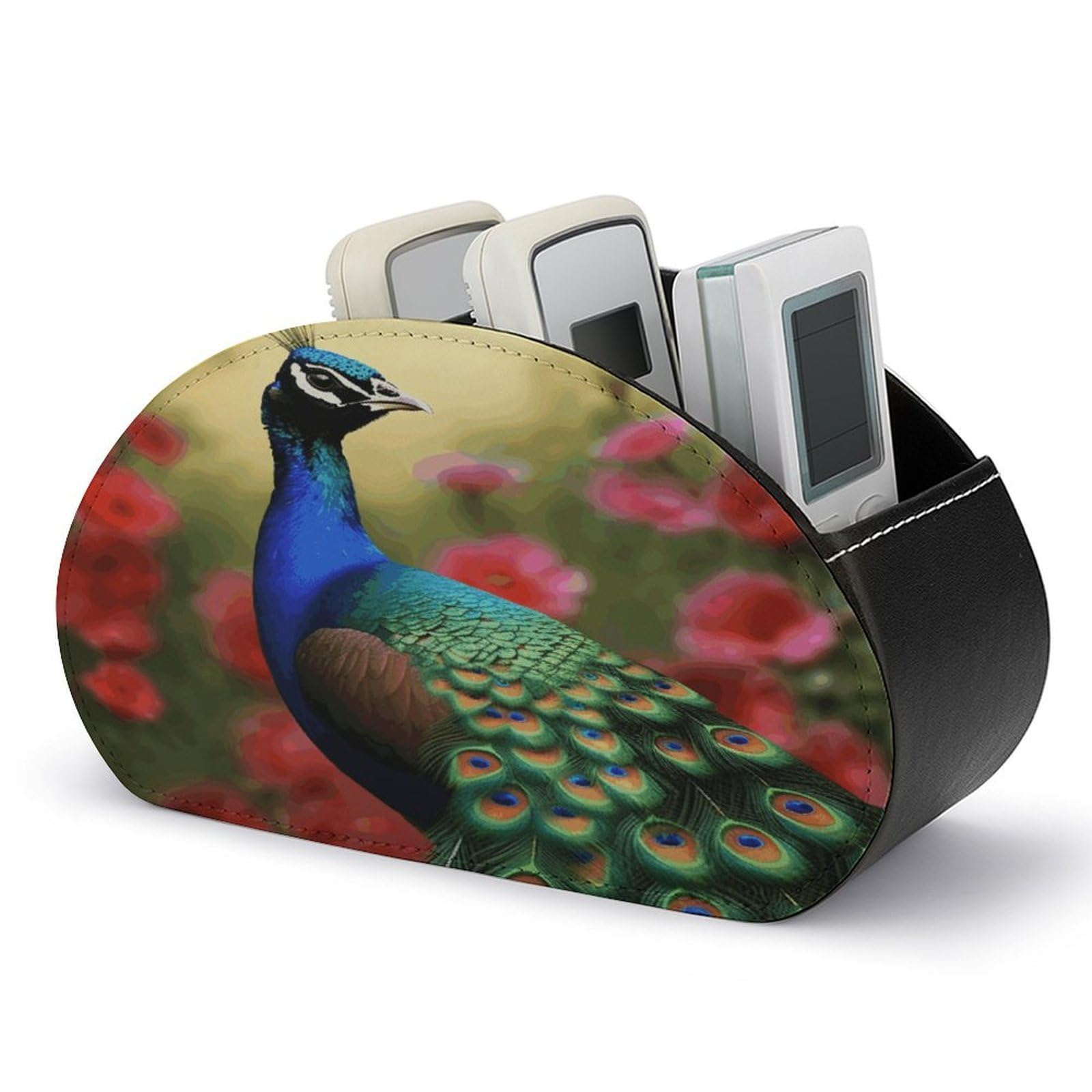FodPand Peacock Flowers Remote Control Holders PU Leather Remote Caddy Desktop Organizer with 5 Compartments TV Remote Holder Box Tray for Bedside Table Office Desk Accessories&Gift