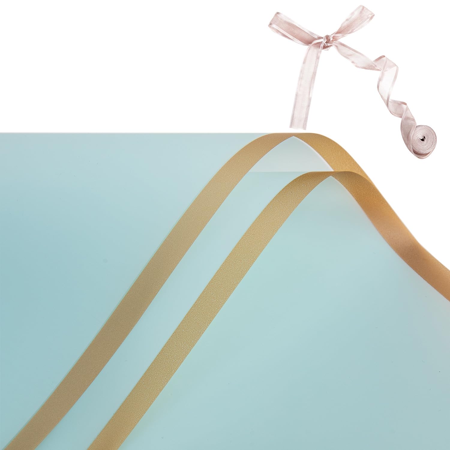 eageus 20 Sheets Floral Wrapping Paper, Waterproof Flowers Bouquet Packaging Paper with Gold Border Double Sided, Florist Packaging Supplies for Birthday Wedding Graduation(Sky Blue)