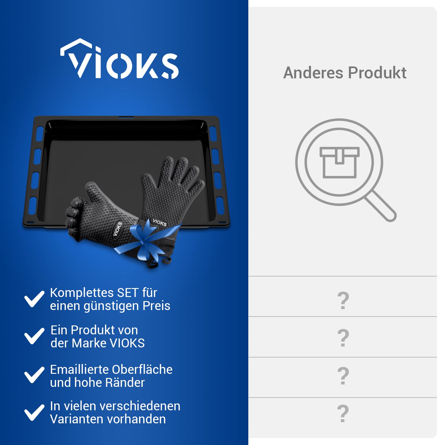 VIOKS Bandeja de horno extensible/ajustable 422 x 370 mm + guantes de barbacoa resistentes al calor / guantes de horno de repuesto para Bosch 00790278 / bandeja de horneado para horno de 45 cm