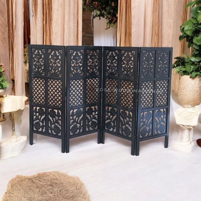 Image of Wooden Room Divider 6 Feet, 4-Panel Folding Wooden Partition for Living Room, Office, Pooja Room, Restaurant, Kitchen & Balcony (2W x 1.82H Meters). (Black Mixed Design)