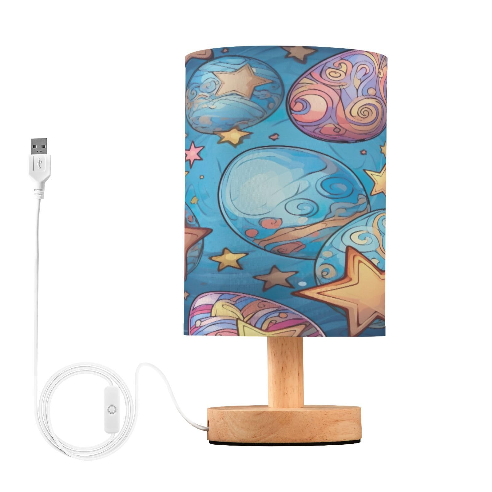 SDMKA Easter Eggs and Stars Bedside Table Lamp for Bedroom, Minimalist Nightstand Lamp with Round Fabric Shade for Living Room, Office, No Bulb Required