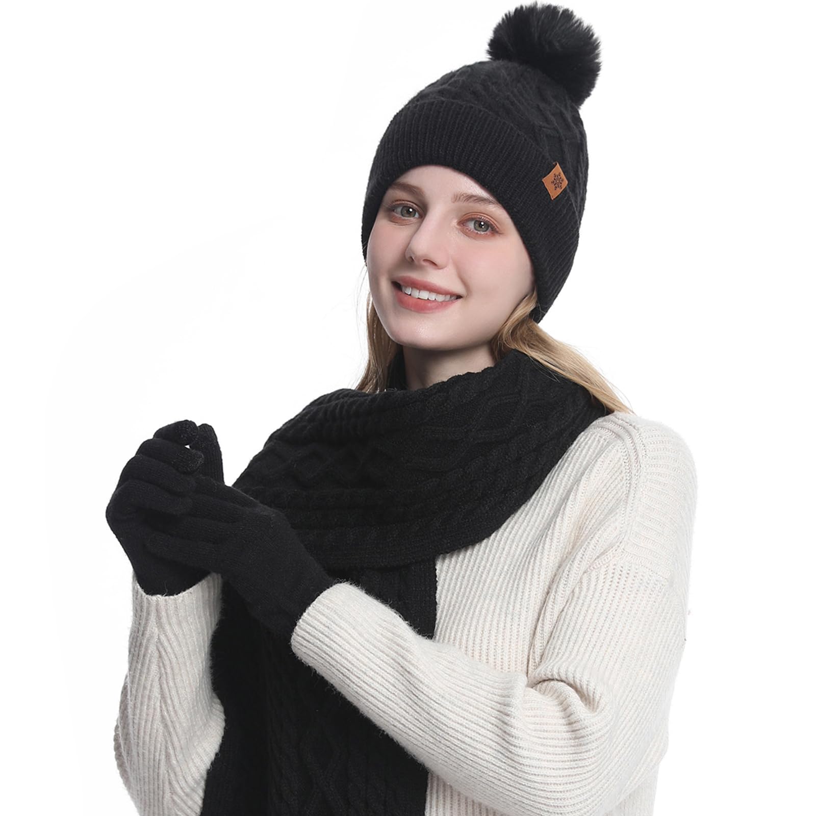 MAZELIKEHOOD Set Sciarpa Cappello Guanti Donna Inverno Caldo Cappello di Bobble con Sciarpa a Maglia e Guanti Tessuto Morbido e Comodo Moda Accessori Invernale Ideale per Regalo di Natale