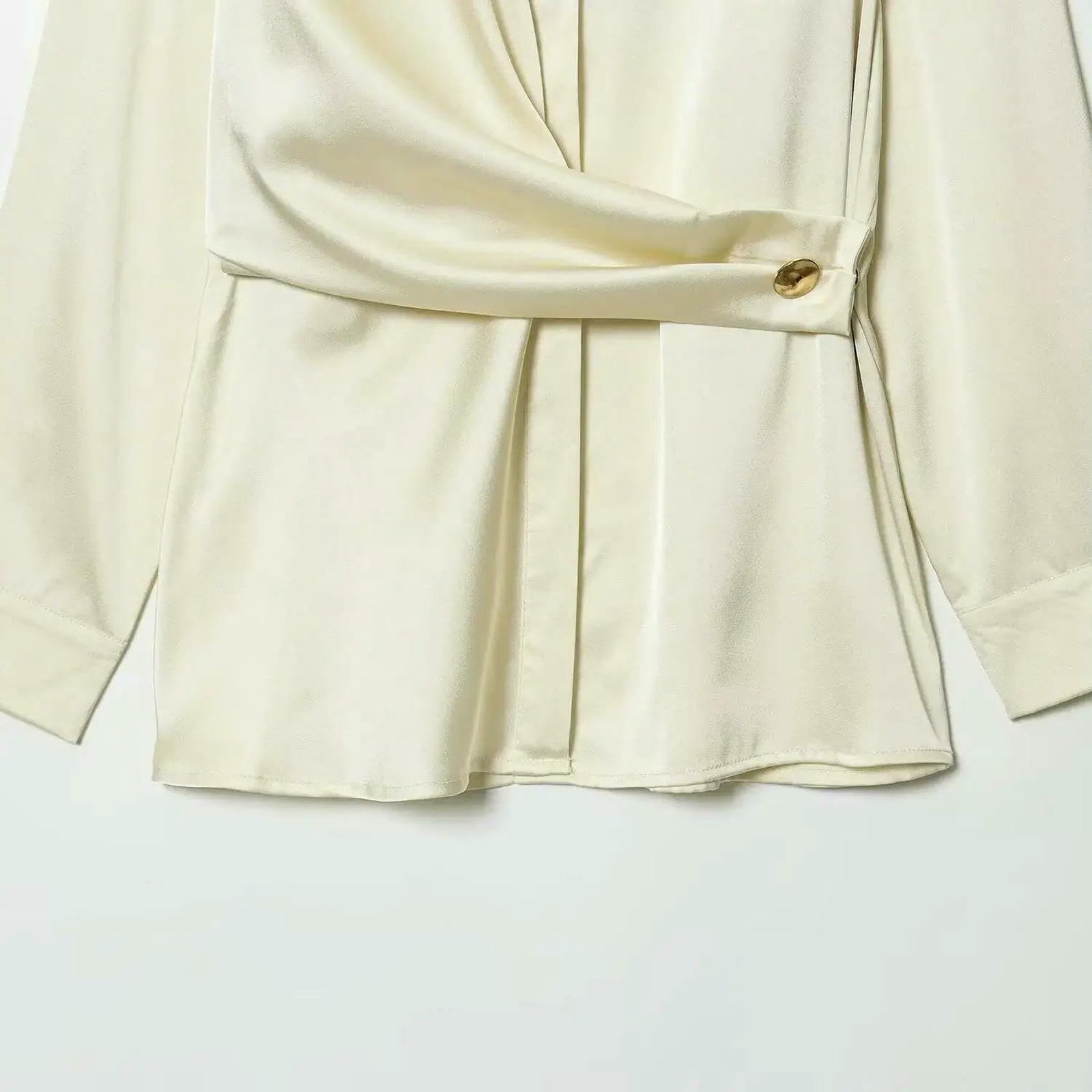 Camicia Donna Autunno Moda Doppiopetto in Raso di Seta con Testo Camicette retrò A Maniche Lunghe Nodo Chic Mujer-Albicocca-l