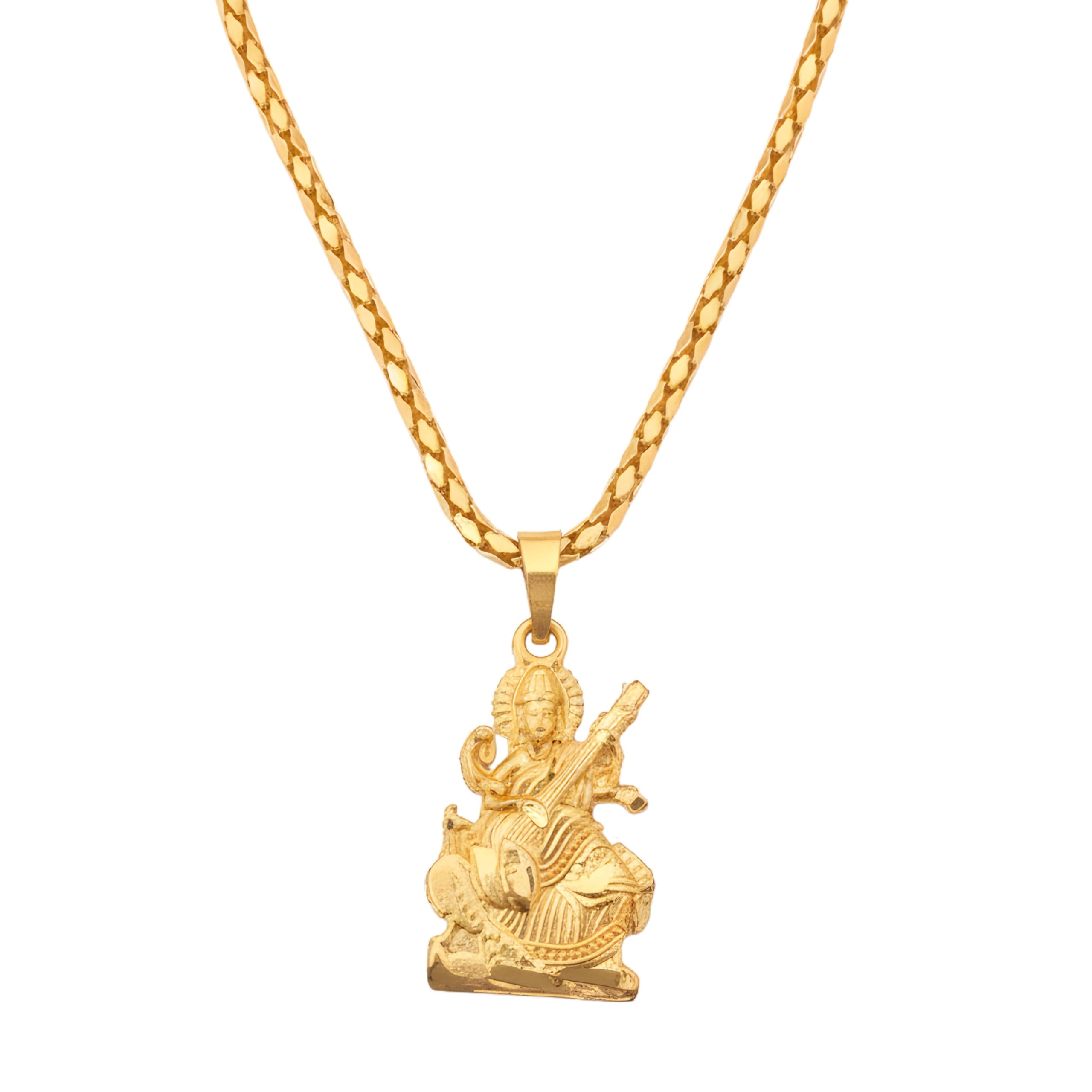 Lord Goddess Saraswati Veena Pendant Necklace | Saraswati Maa Locket Gold Finish with Chain | Goddess of Knowledge & Wisdom | Width 15mm Height 25mm Spn2025565-image-3