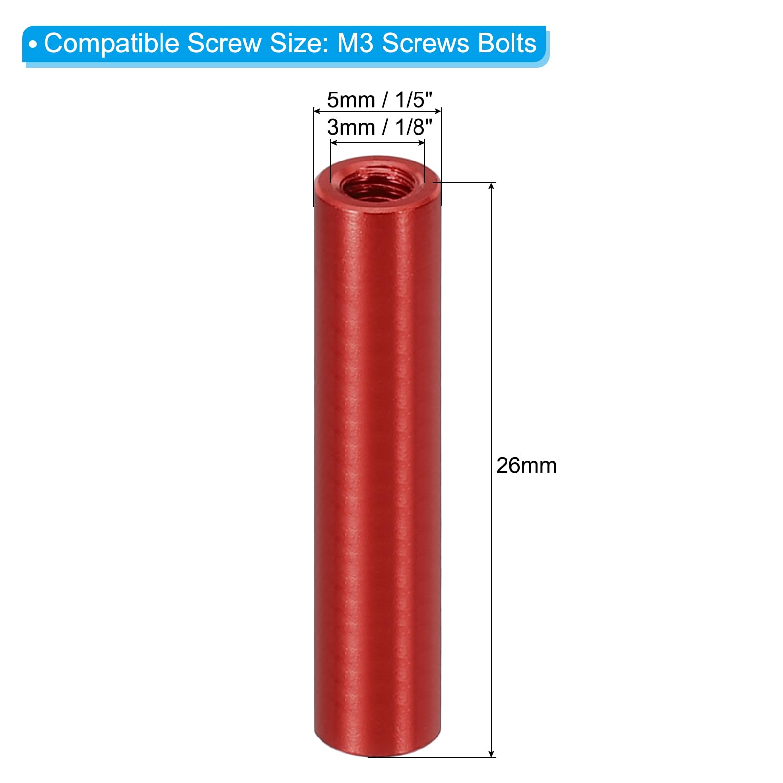 PATIKIL 6pcs M3 Metal Threaded Standoff Spacer Nuts, Round Aluminum Spacers Female Coupling Screws, 1/8" ID x 3/16" OD, Red, (26mm L) - Image 2