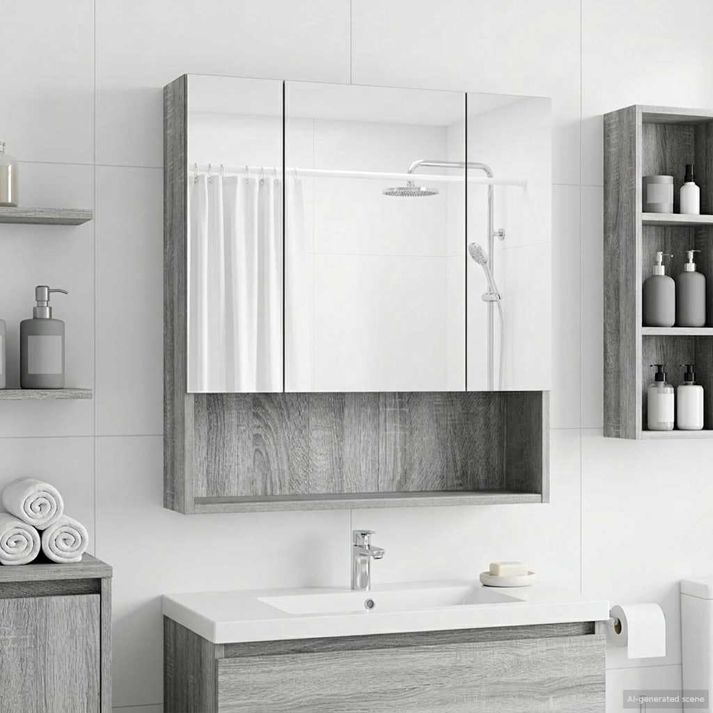 Szafka łazienkowa z lustrem Sonoma szara płyta drewnopochodna, 60 x 14,5 x 70 cm, z miejscem do przechowywania i dwustronnym dwukierunkowym lustrem, montowana na ścianie, z 2 półkami na meble