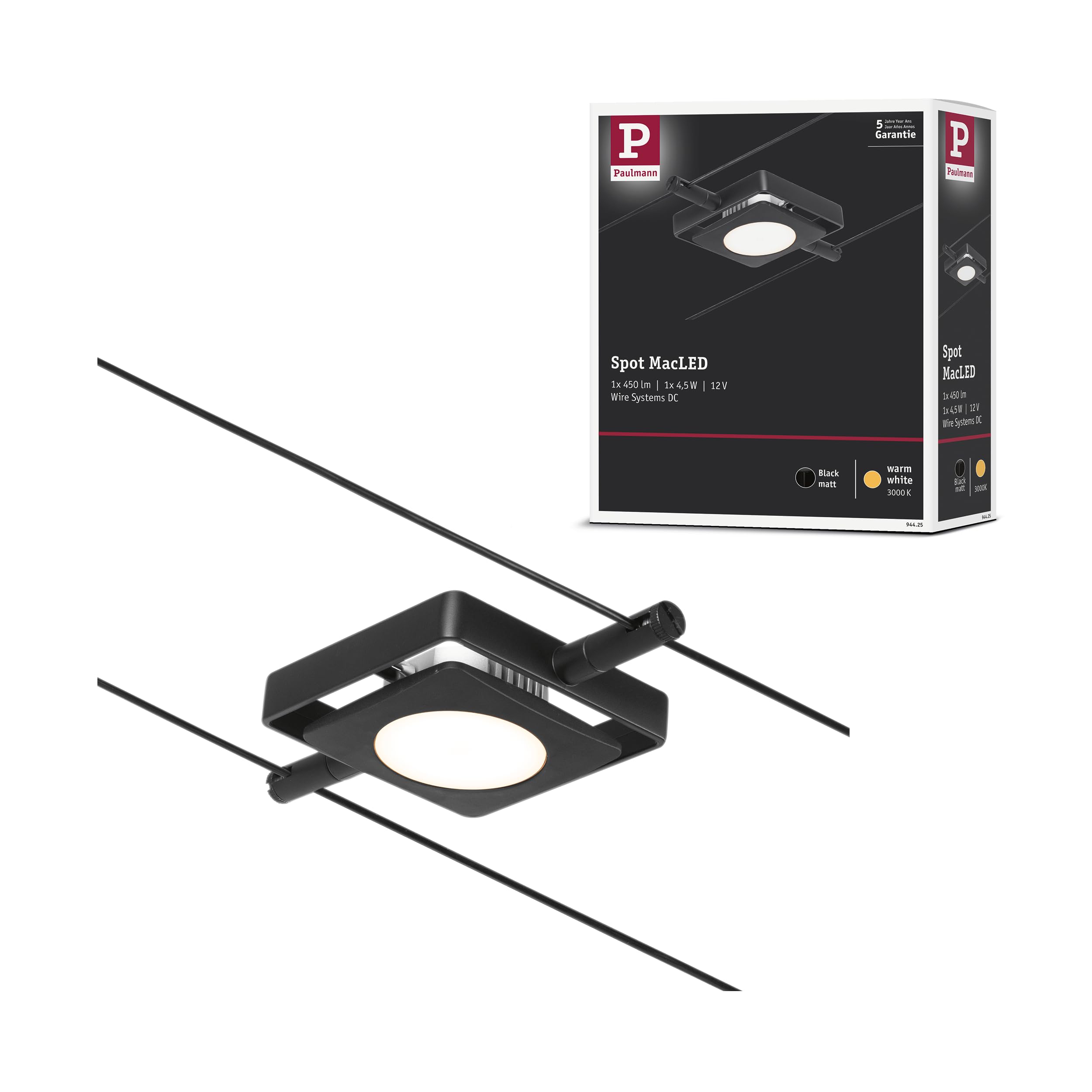 Paulmann 94425 Système de câble LED Corduo Spot MacLED DC, avec 1 ampoule de 4,5 W, extensible, noir mat, câble métallique chromé, 3000 K